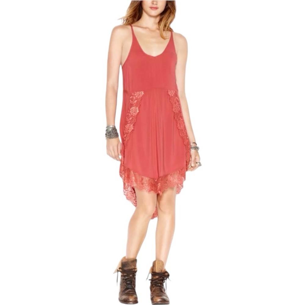 Free People Women's Copper Eyelashes Lace-trim Tunic Slip Dress Size M